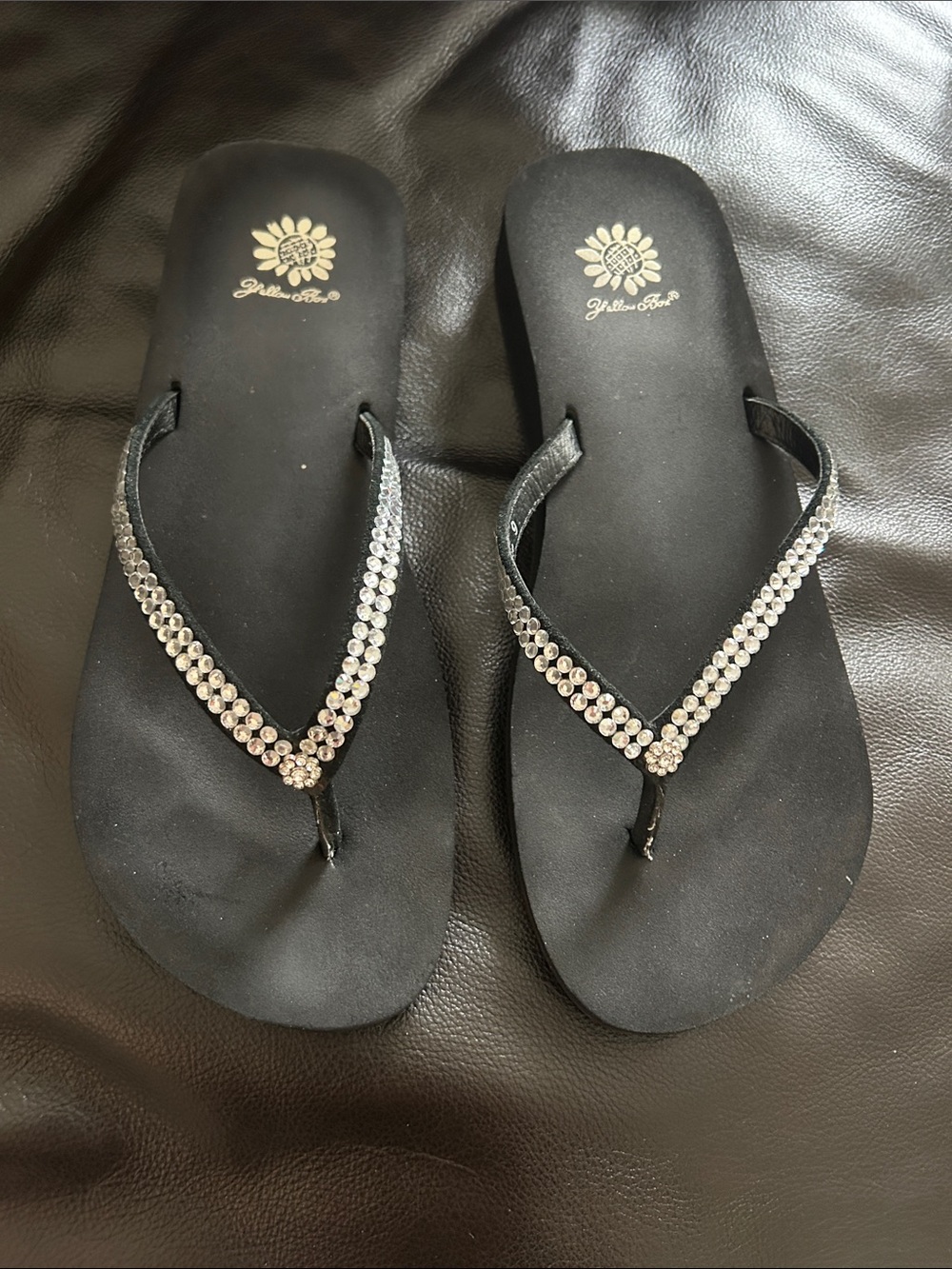 Yellow Box Black Sandals with Yellow Footbed and Crystal-Strap Detail